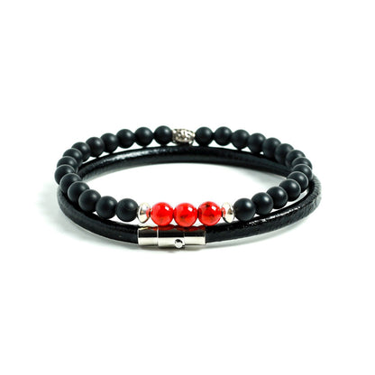 Black Onyx beaded bracelet red jade accent silver charms for men at RM Kandy 